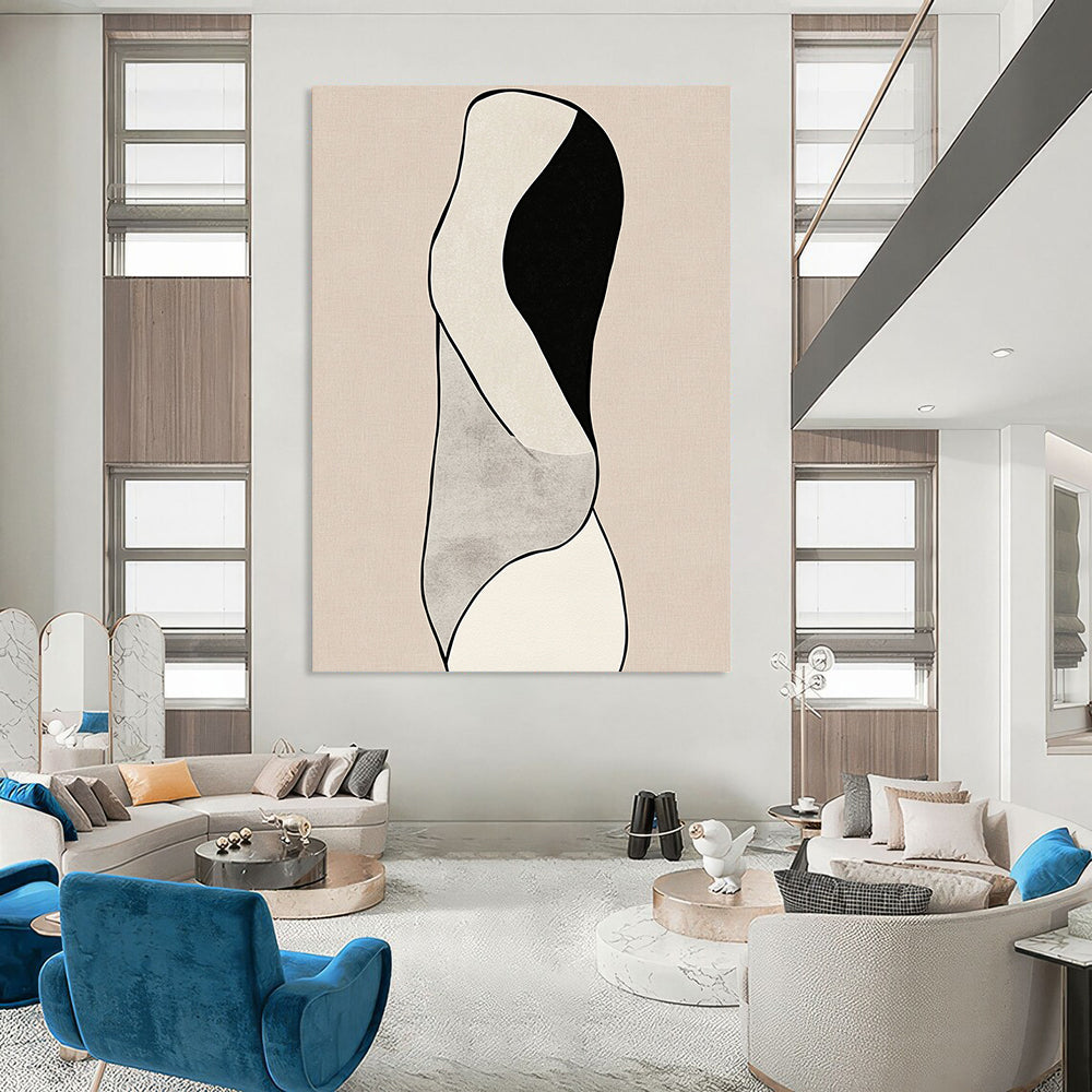 Contemporary hand-drawn abstract artwork featuring minimalist line art and woman's body curves against a black and white design on a beige background. DLZ1632