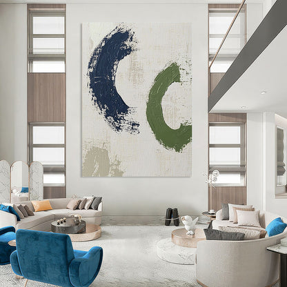 Contemporary abstract artwork featuring bold brush strokes in dark blue and green, creating minimalistic shapes on a white background. DLZ1625