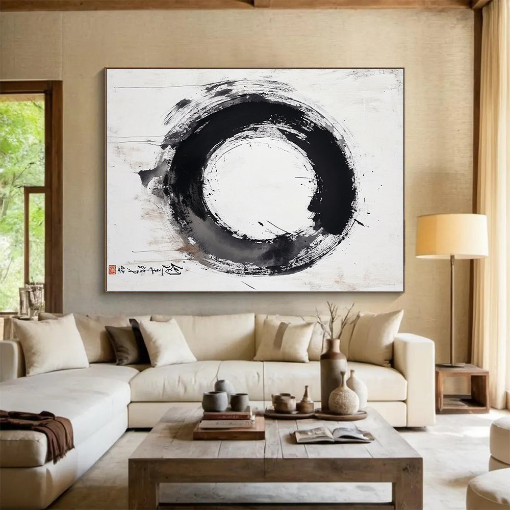 Black, White, Textured Circle "Pure Enso" Abstract Minimalist Painting On Canvas HB107
