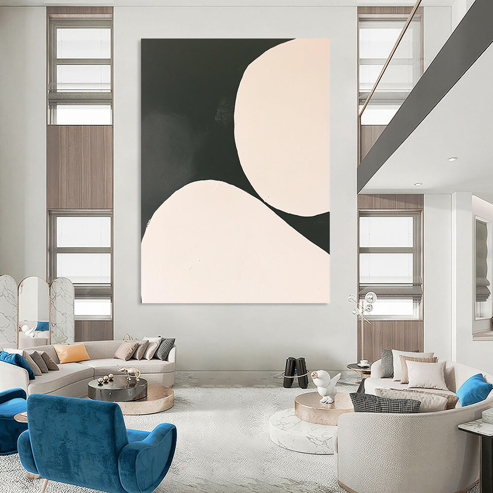 Contemporary abstract painting featuring white circles on a black background in a minimalist style inspired by Tarsila do Amaral. DLZ1753