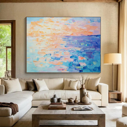 “Pastel Sunset Sea” - Peach, Orange, Blue, Purple, Soft Seaside Dusk Painting On Canvas HB1035
