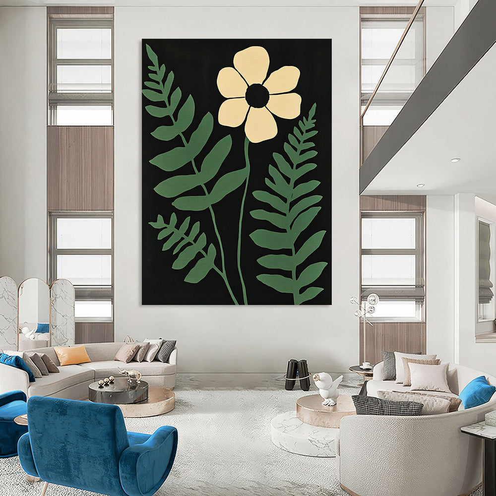 Contemporary abstract art featuring a white flower and green fern leaves on a striking black background with muted colors inspired by Matisse. DLZ1636