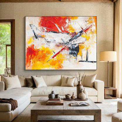 “Dynamic Aircraft Abstract” - Red, Yellow, White, Gray with Energetic Strokes - Painting On Canvas HB1371