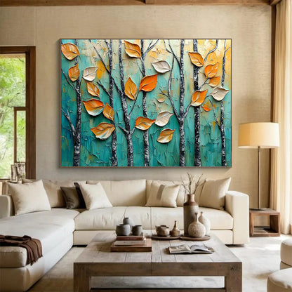 “Autumn Trees in Relief” - Teal, Orange, Textured Leaves & Trees Painting On Canvas HB0729