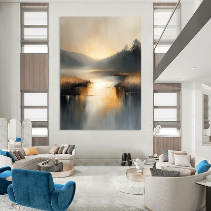 Contemporary abstract painting with soft gray and beige tones reflecting on water evokes serenity in a large canvas illuminated by golden hour light. DLZ0417
