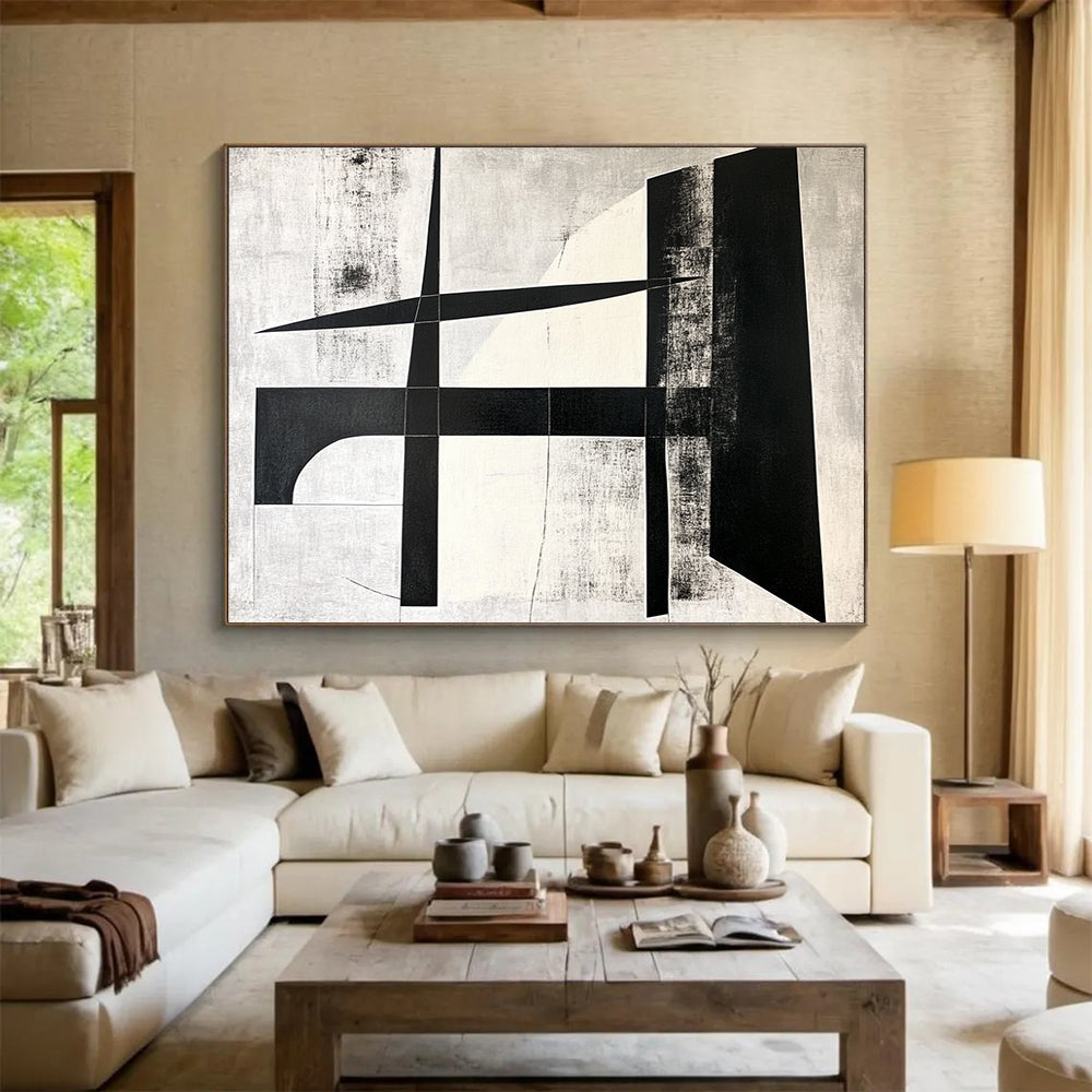 Geometric Black and White Cross - Precision Abstract Painting On Canvas HB0464