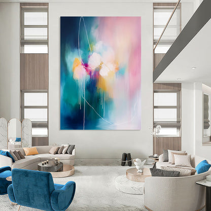 Contemporary abstract painting with soft pink and blue tones, large brush strokes, and white rope-like lines, emphasizing a connection to nature. DLZ1064