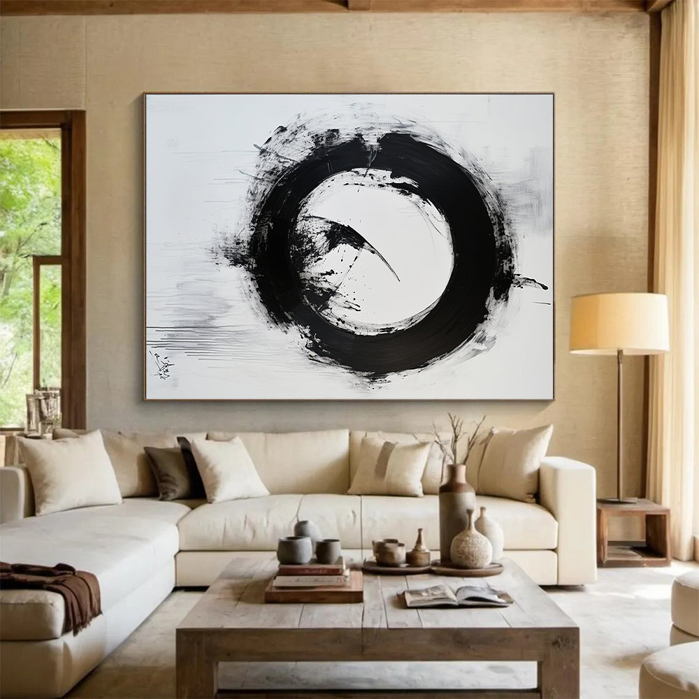 Black and White Textured Circle "Rough Enlightenment" Painting On Canvas HB265