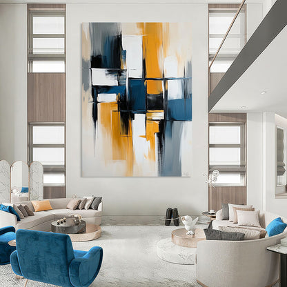 Contemporary hand-painted abstract artwork with bold lines and vibrant blocks of blue, white, gray, and yellow on canvas. DLZ0753