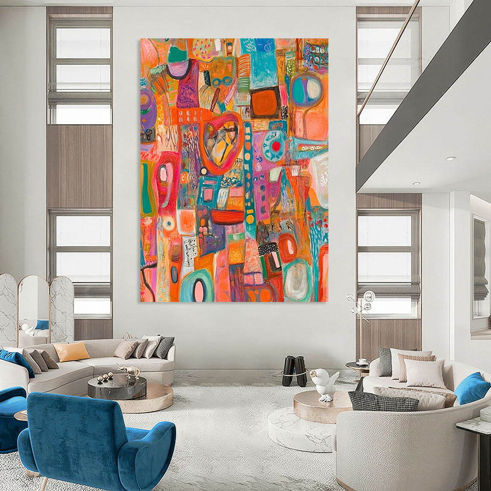 Vibrant contemporary hand-painted abstract art featuring diverse objects with intricate materials and details, offering a dynamic visual experience and rich textures. DLZ1492