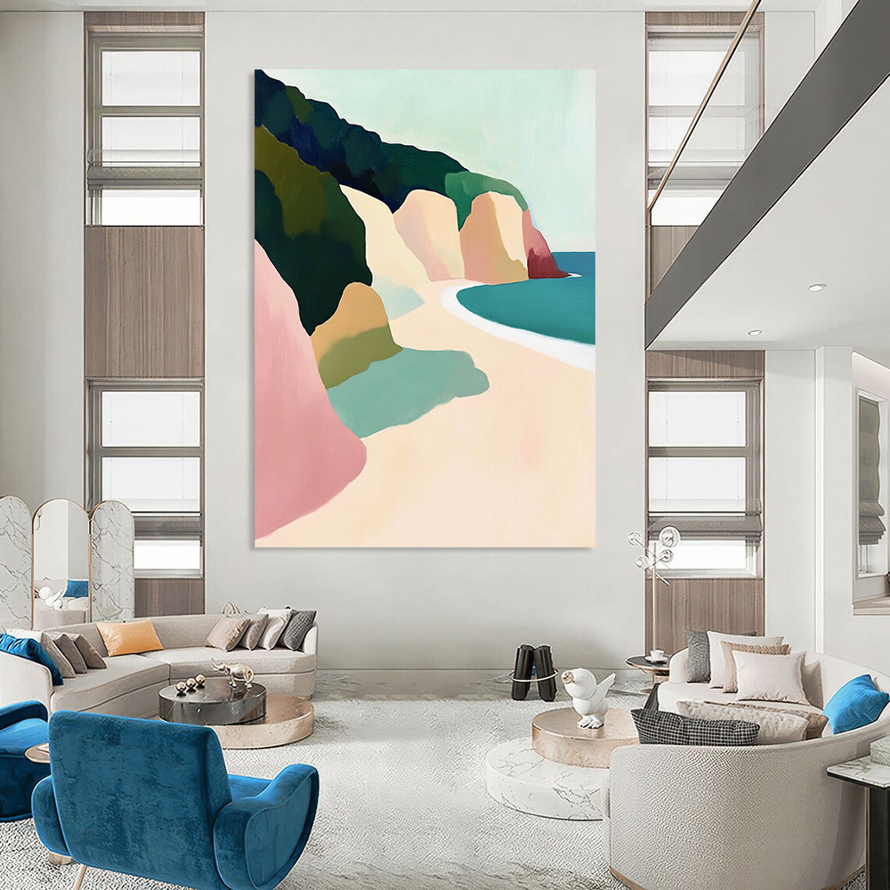Contemporary hand-painted abstract artwork depicting Big Sur cliffs and beach, featuring a pastel palette and soft brushstrokes emphasizing light and form. DLZ1109