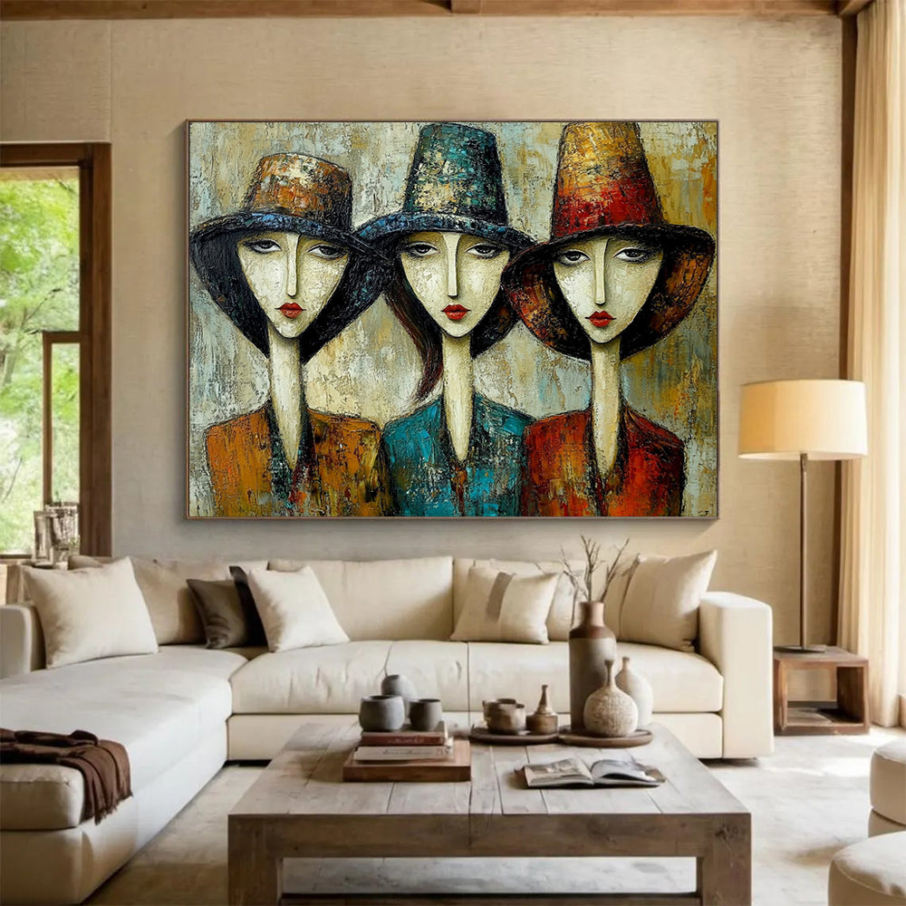 “Women in Hats” - Earthy Tones, Reds, Blues, Stylized Portraits of Women in Hats - Textured Oil Painting HB1760