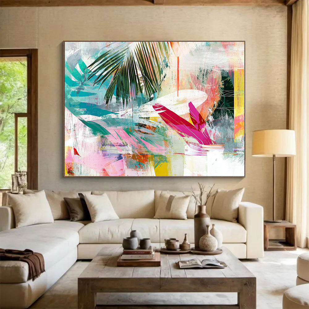 “Colorful Tropical Leaf Collage” - Colorful Palette, Tropical Leaves, Abstract Collage Painting On Canvas HB0854