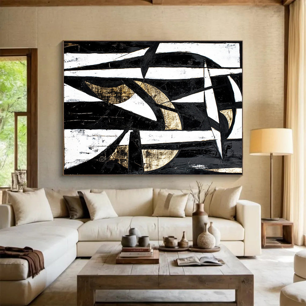 Black, White and Gold Geometric Abstraction "Timeless Contrast" Painting On Canvas HB338
