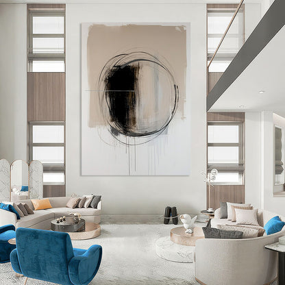 Contemporary hand-painted abstract artwork featuring a black oval with dynamic brush strokes on a serene light beige background. DLZ1010