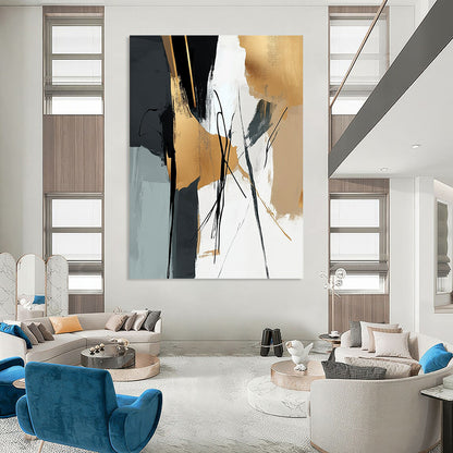 Contemporary abstract wall art featuring elegant brushstrokes in black beige and gold harmoniously blended with natural elements for a tranquil atmosphere. DLZ0318