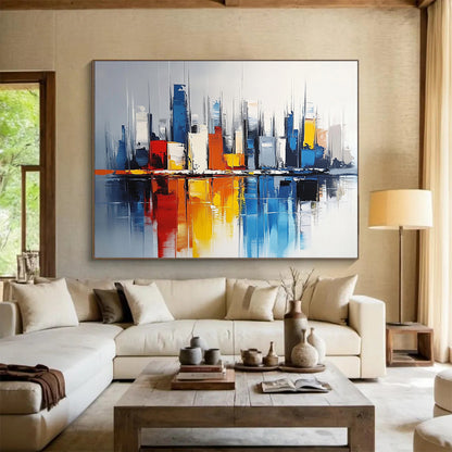 “Colorful Cityscape Reflection” - Colorful, Urban Skyscrapers, Reflection in Water Painting On Canvas HB0848