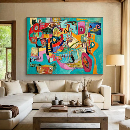 Colorful Turquoise - Based Abstract Collage – Mixed - Media Abstract Shape Painting HB1471