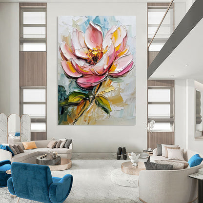 Contemporary abstract art featuring a pink flower and leaves in a detailed palette knife oil painting on a pristine white background. DLZ1440