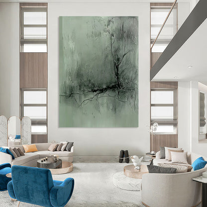 Contemporary hand-painted abstract art features a gray-green textured background with dark lines and a blurred silhouette, evoking a mysterious atmosphere with delicate brushwork. DLZ0504