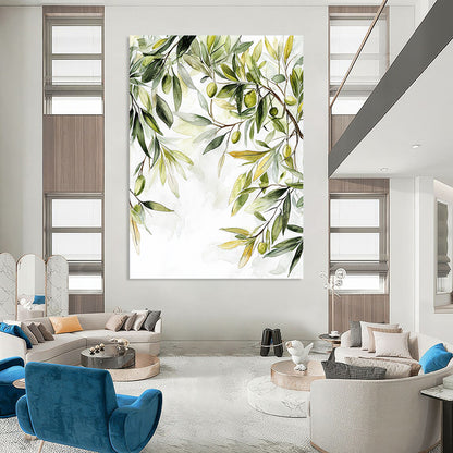 Contemporary abstract painting featuring olive tree leaves in muted colors with soft organic forms and white space highlighting nature's tranquility. DLZ1728