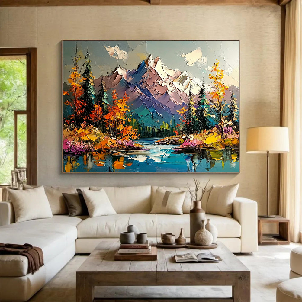Colorful Mountain Landscape with Lake - Impasto Nature Scene Painting On Canvas HB0456