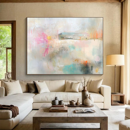 “Soft Pastel Abstract Landscape” - Pastel Pink, Blue, Green, Beige with Hazy Forms - Painting On Canvas HB1376