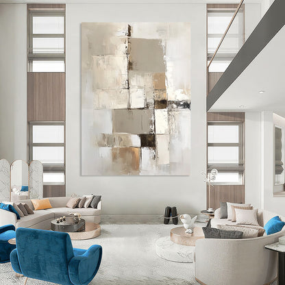 Large contemporary abstract painting with a beige and white palette showcasing geometric shapes and textures on a vertical canvas. DLZ0697