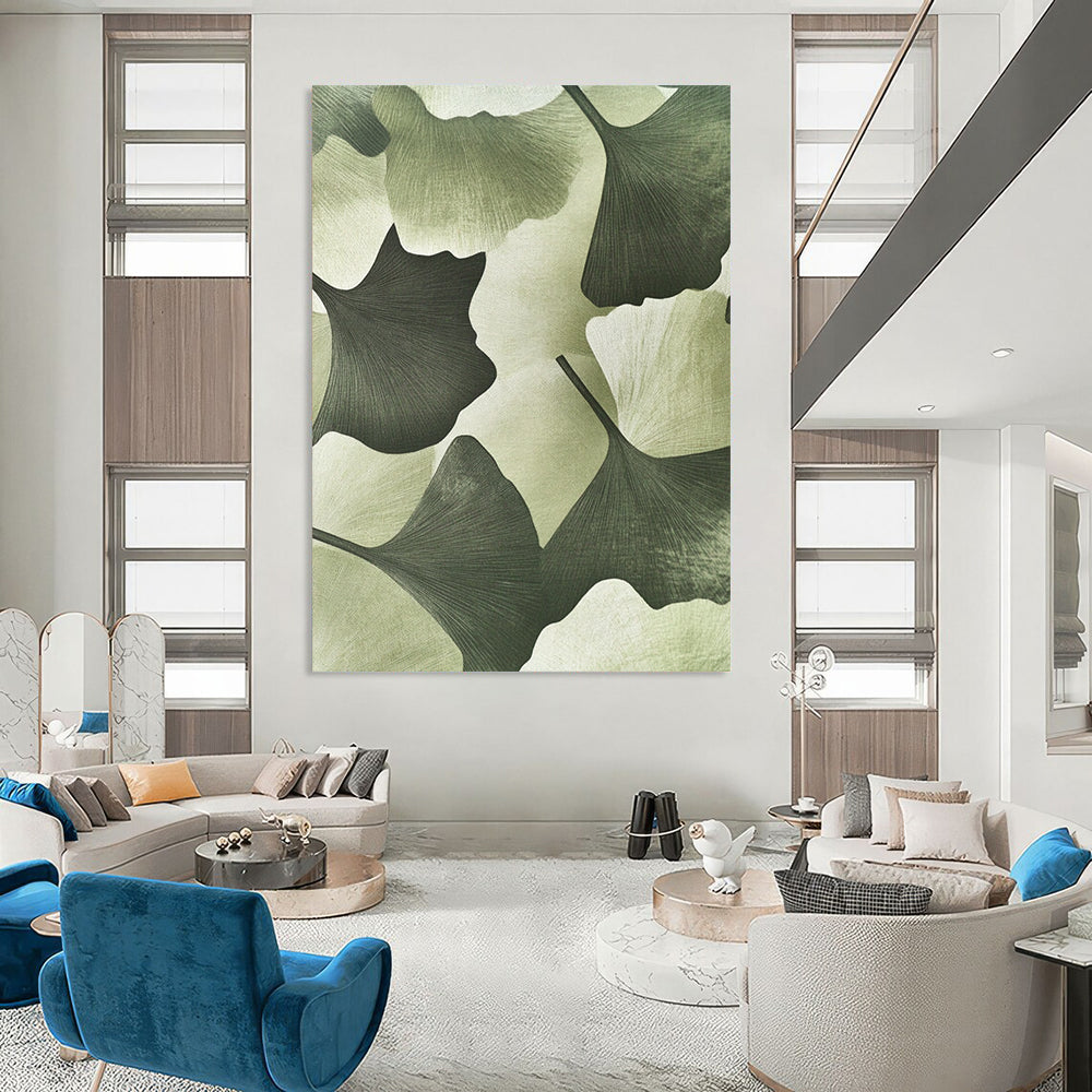 Contemporary hand-painted abstract art featuring textured ginkgo leaves in a soft green background adds depth and elegance to your outfit. DLZ1202