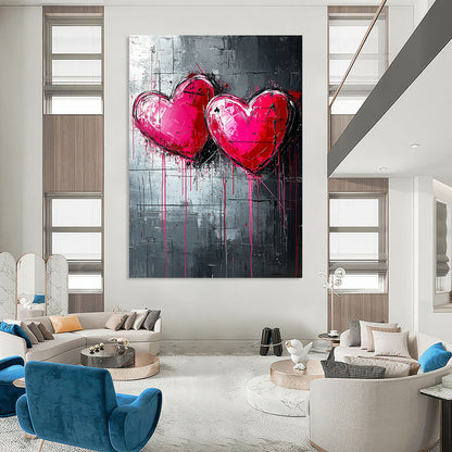 Bold contemporary abstract art featuring three pink and red hearts on a textured dark grey backdrop with dripping paint lines inspired by graffiti style. DLZ0263