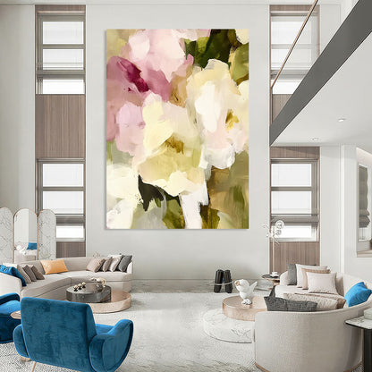 Large contemporary abstract painting featuring soft edges and blurry details with vintage floral elements in pale pink and cream tones. DLZ0379