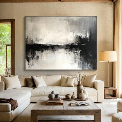“Abstract Black - White Water Reflection” - Black, White, Reflective Textures Painting On Canvas HB0798