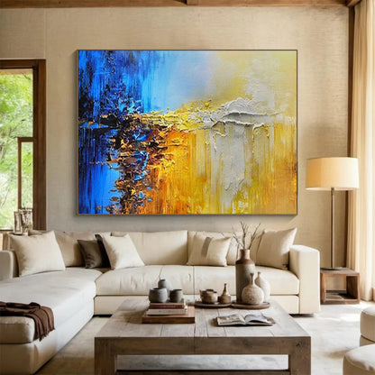 Blue & Gold Abstract Textured Art - Bold Living Room Centerpiece DLZ179