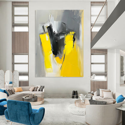 Large contemporary hand-painted abstract artwork featuring loose brush strokes in a striking gray and yellow color palette. DLZ0863