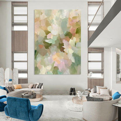 Contemporary hand-painted abstract artwork featuring soft pastel tones and impressionist style evokes spring flowers with muted green and beige hues. DLZ0870