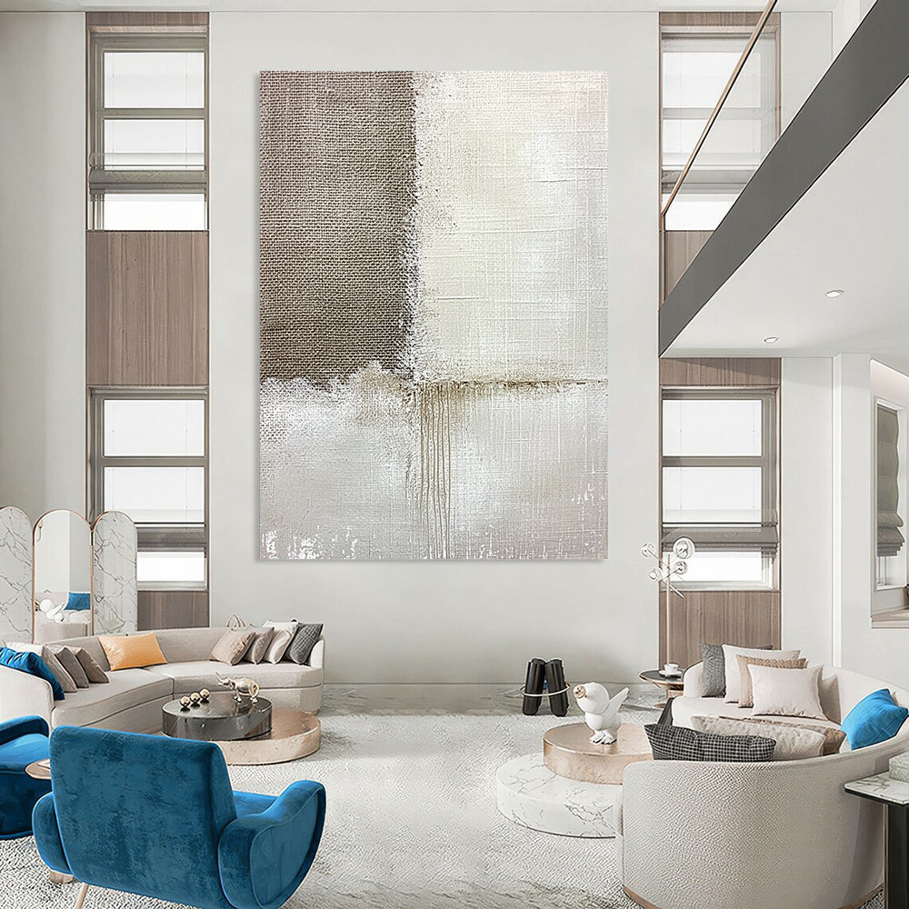 Contemporary hand-painted abstract artwork featuring textured linen and subtle paint streaks set against a soft grayish-white background for added depth. DLZ1171