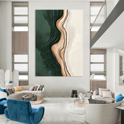Contemporary hand-painted abstract artwork featuring dark green and beige shapes on white background with gold accents and minimalistic brushstroke design. DLZ0838