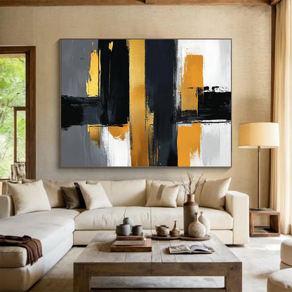 “Geometric Gold - Black Columns” - Gold, Black, Gray, Geometric Columns Painting On Canvas HB0807