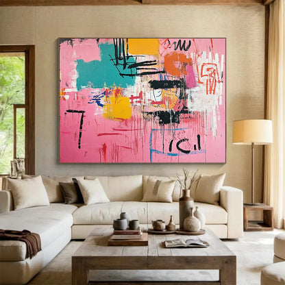 “Pink Abstract with Drips” - Pink, Colorful Shapes, Black Drips, Text - Painting On Canvas HB1434