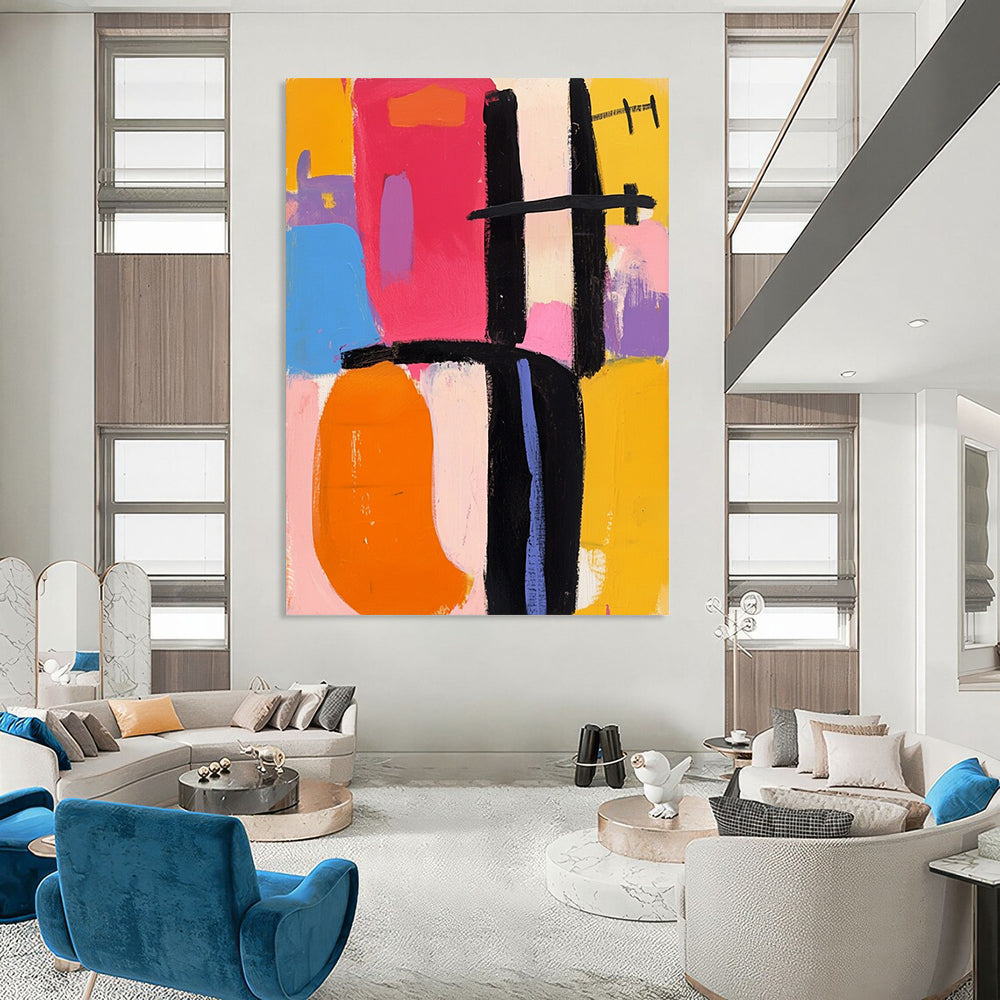 Bold contemporary abstract artwork featuring vibrant pink orange yellow blue black and purple shapes inspired by Frank Kline's dynamic style. DLZ0931