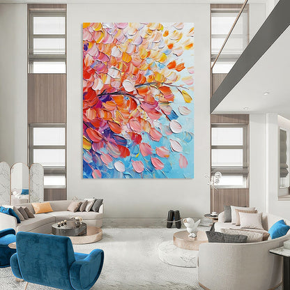 Contemporary abstract painting featuring vibrant pink and orange flowers with colorful leaves on a soft sky-blue background, rich in texture and movement. DLZ0620