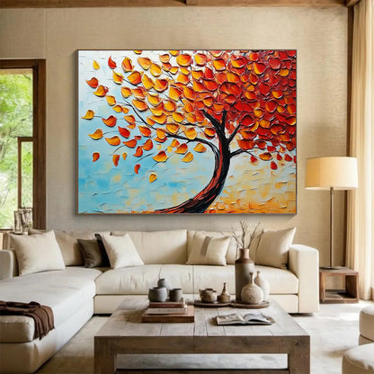 “Textured Autumn Tree” - Orange, Yellow, Red Leaves, Blue Sky, Palette Knife Landscape Painting On Canvas HB1100