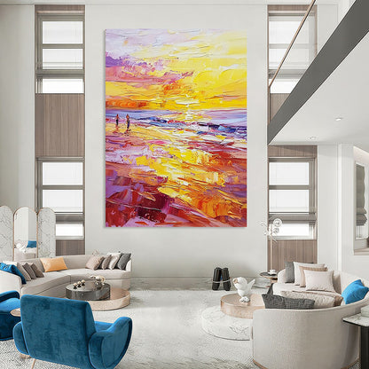 Contemporary abstract painting featuring vibrant sunset hues with palette knife textures and small figures on a beach during golden hour. DLZ0476