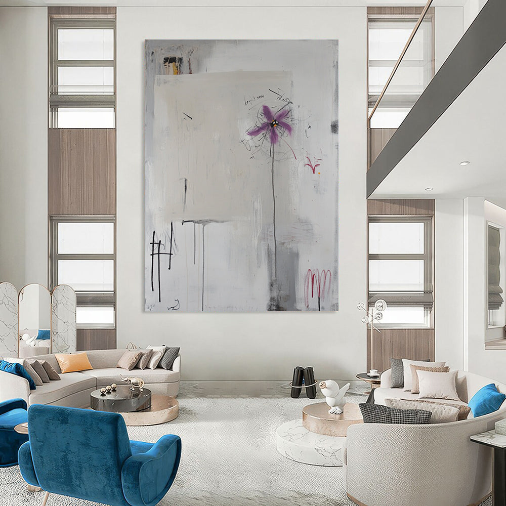 Contemporary abstract art features white canvas with scribbles, handwritten elements, light grey background, central purple flower, and defined black lines. DLZ1084