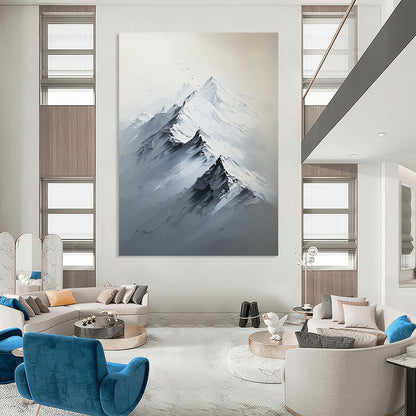 Contemporary hand-painted abstract artwork featuring a large snow-capped mountain range in white and gray tones with rich textures and strong light contrast. DLZ1290