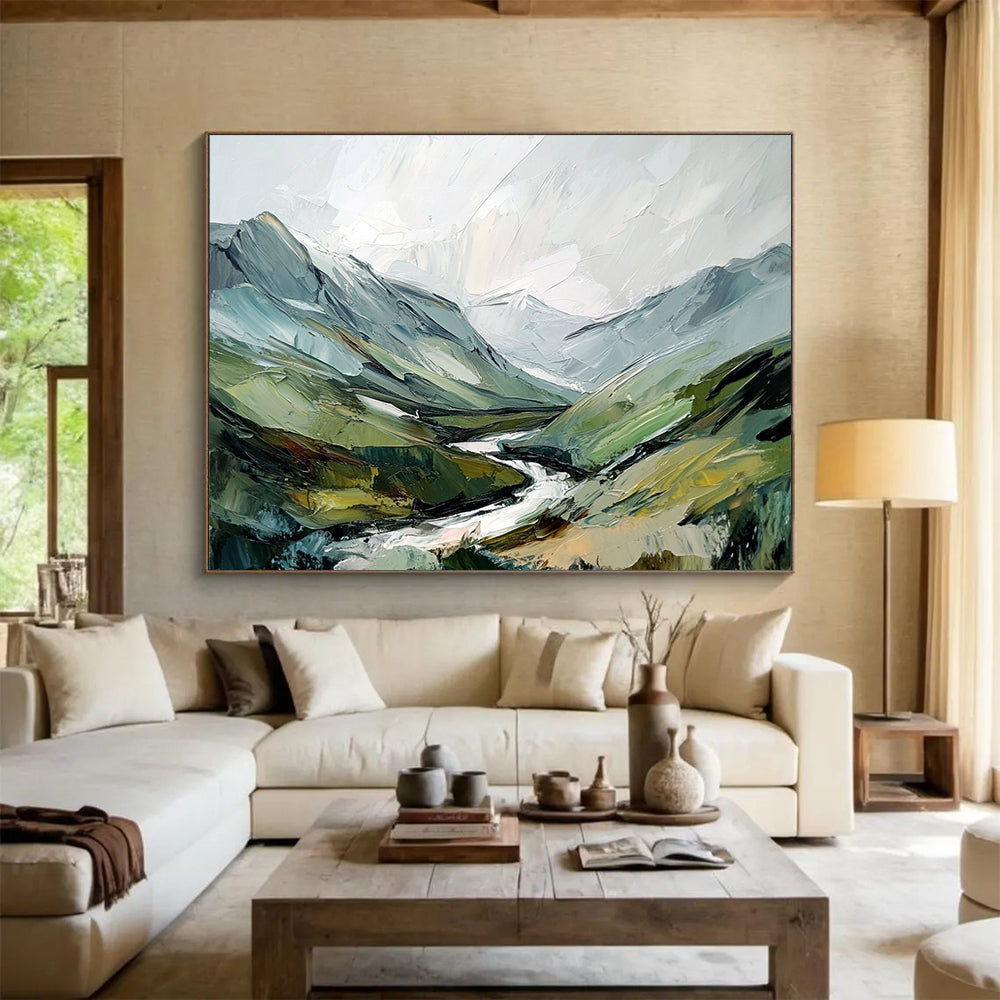 “Textured Mountain Valley” - Green, Blue, Gray, Layered Alpine Landscape Painting On Canvas HB1028