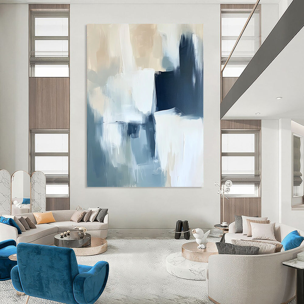 Contemporary abstract painting in soft blue and white with bold brush strokes and subtle black accents, showcasing a minimalist atmosphere and gentle edges. DLZ0529