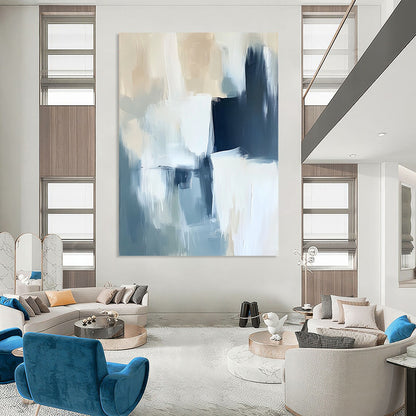 Contemporary abstract painting in soft blue and white with bold brush strokes and subtle black accents, showcasing a minimalist atmosphere and gentle edges. DLZ0529