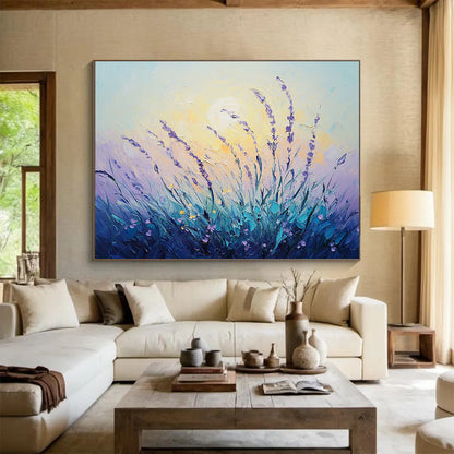 “Lavender at Dusk” - Purples, Blues, Yellows, Lavender Field - Textured Oil Painting HB1568