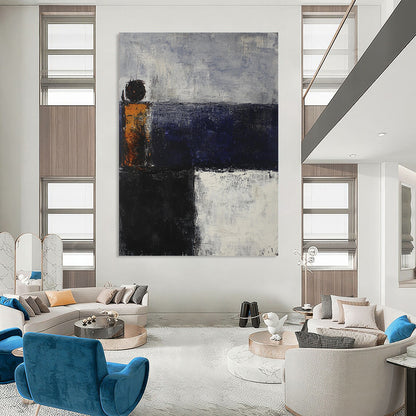 Contemporary hand-painted abstract artwork depicting an evening sea in dark blue and gray tones with rusted metal elements. DLZ0577